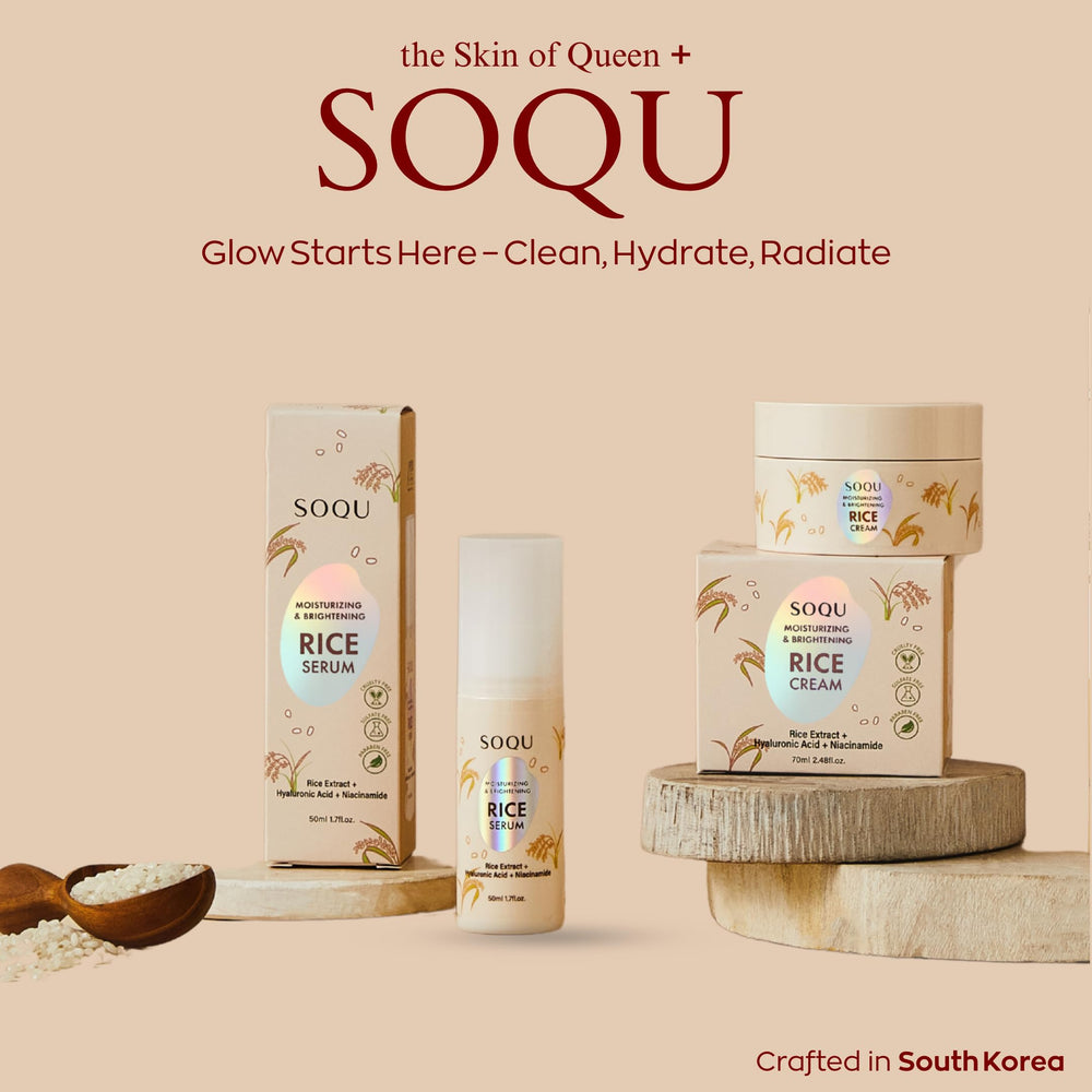 SOQU Rice Serum on skin displaying subtle glow and even tone.
