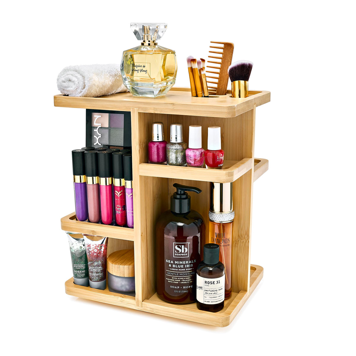 Sorbus 360° makeup organizer with rotating base for easy cosmetic access.