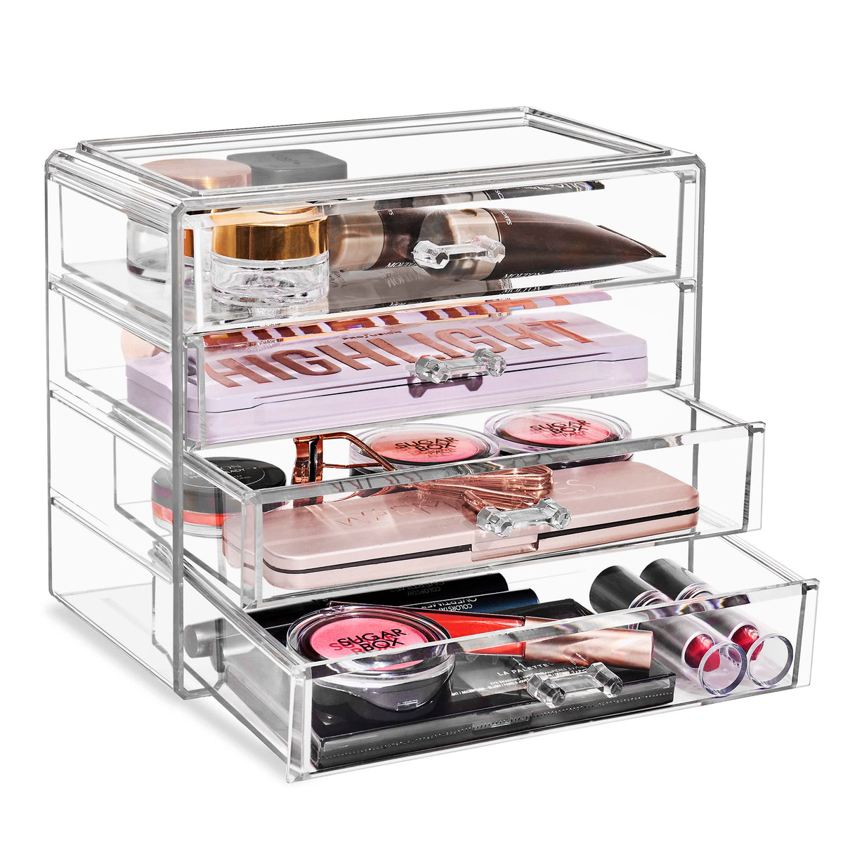 Sorbus acrylic makeup organizer with four drawers offers clear visibility for quick access.