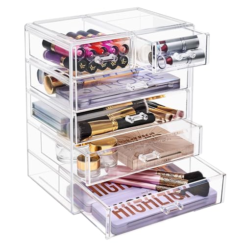 Sorbus acrylic makeup organizer 6-drawer front view keeps cosmetics neatly organized for quick access.