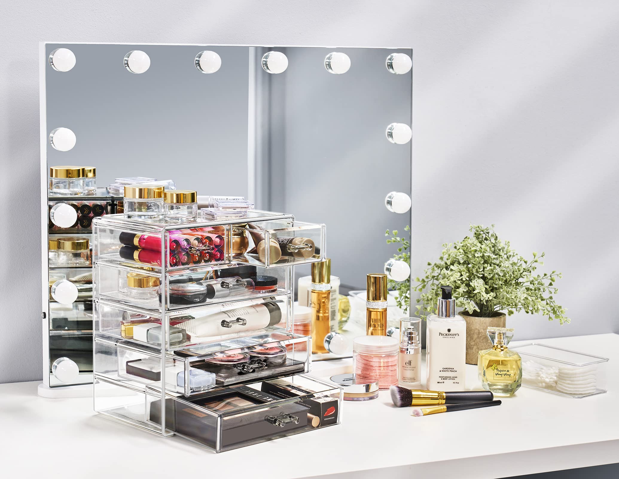 Sorbus acrylic makeup organizer 6-drawer side view saves counter space on busy vanities.