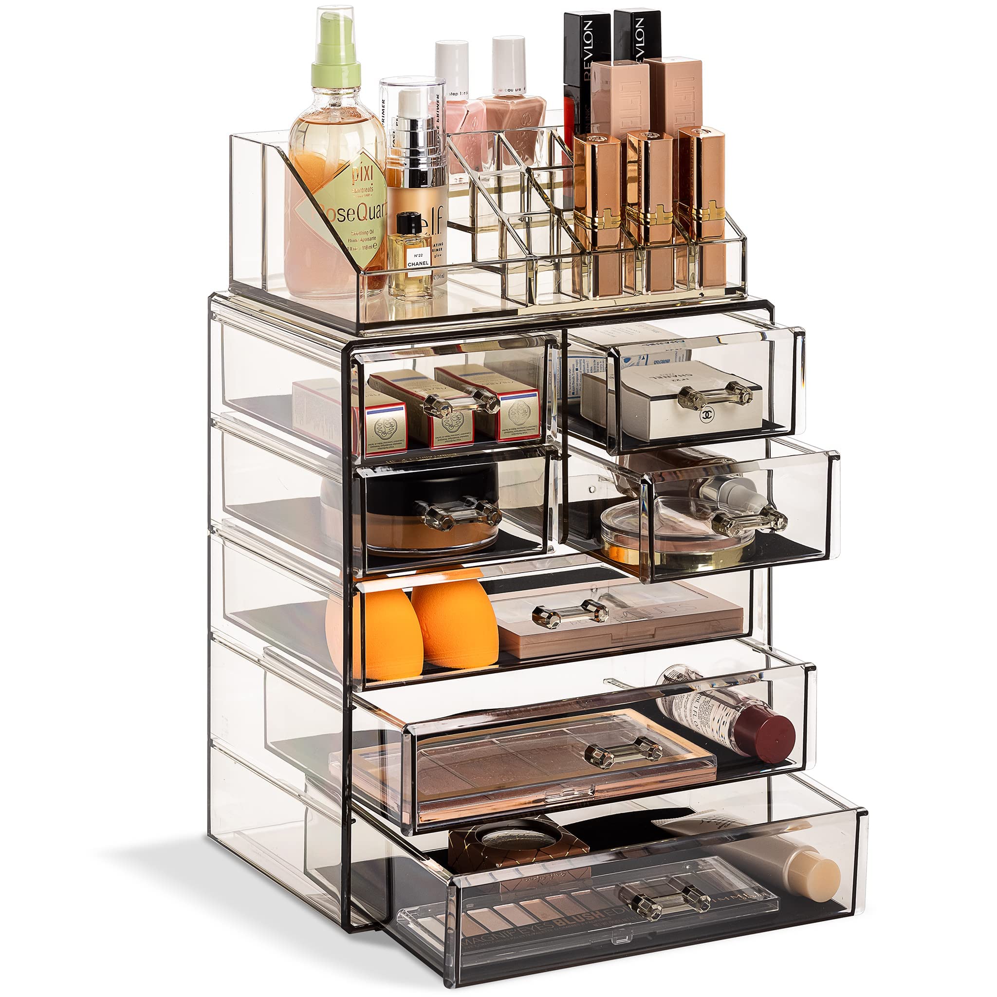 Sorbus acrylic makeup organizer top compartment keeps brushes and essentials within reach.