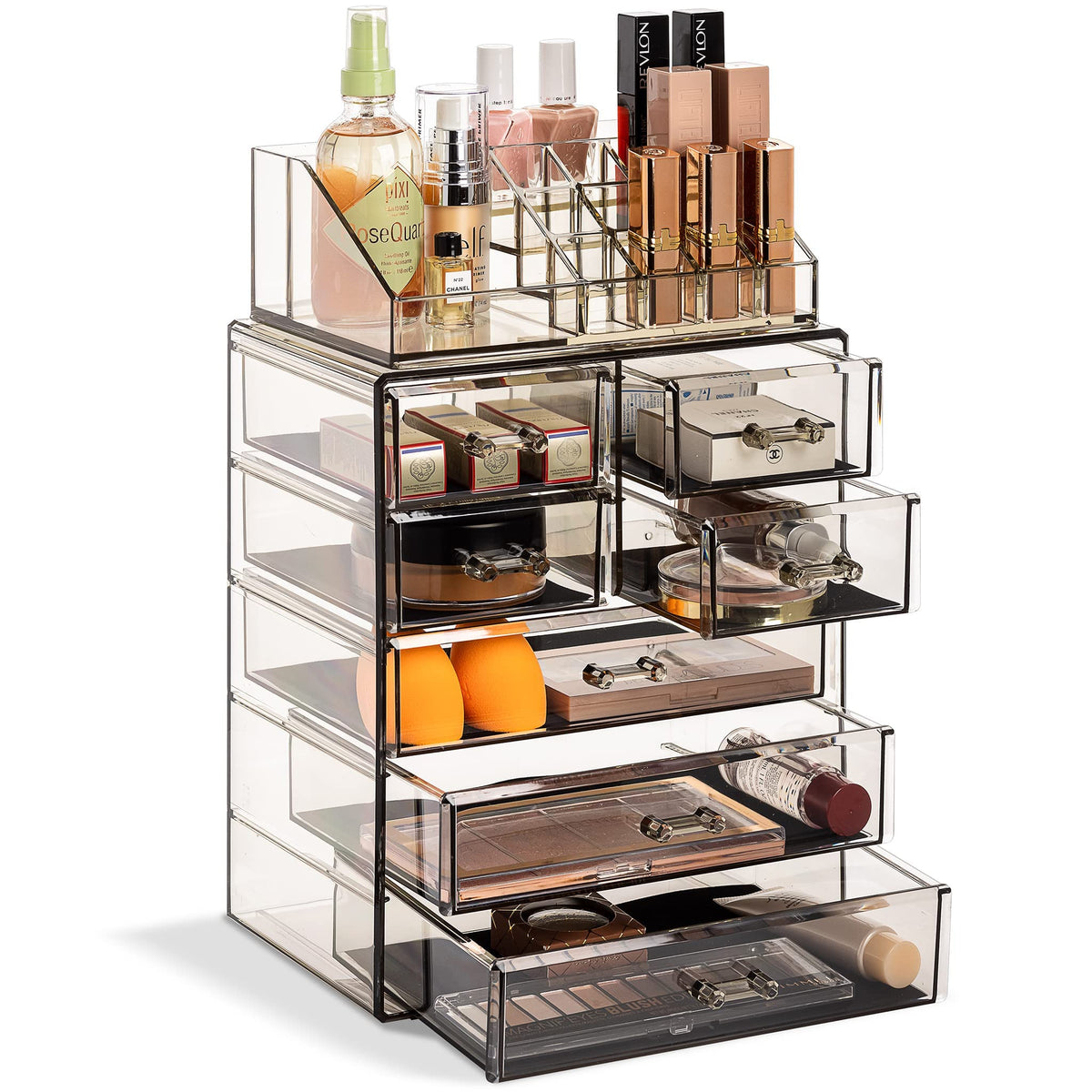 Sorbus acrylic makeup organizer top compartment keeps brushes and essentials within reach.