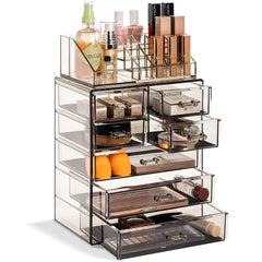 Sorbus acrylic makeup organizer top compartment keeps brushes and essentials within reach.
