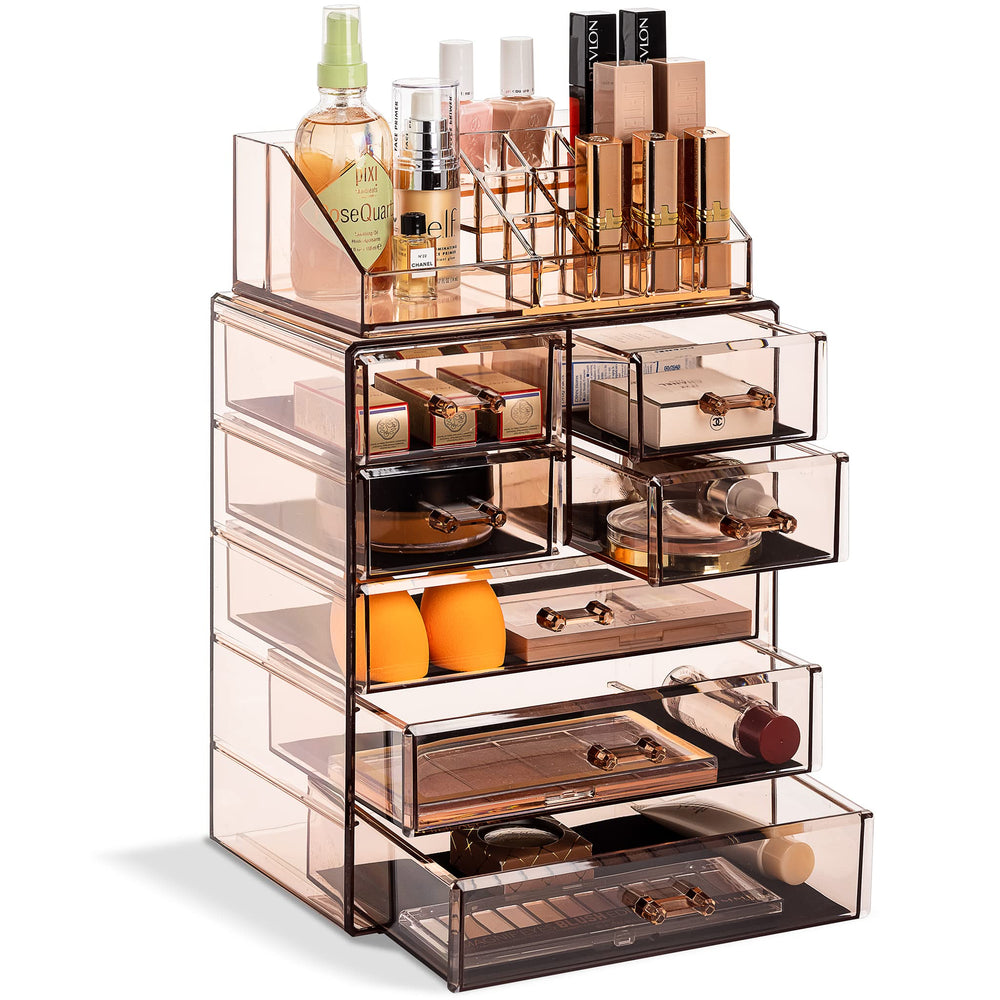 Sorbus acrylic makeup organizer 7-drawer vanity keeps brushes neat for easy morning routines.