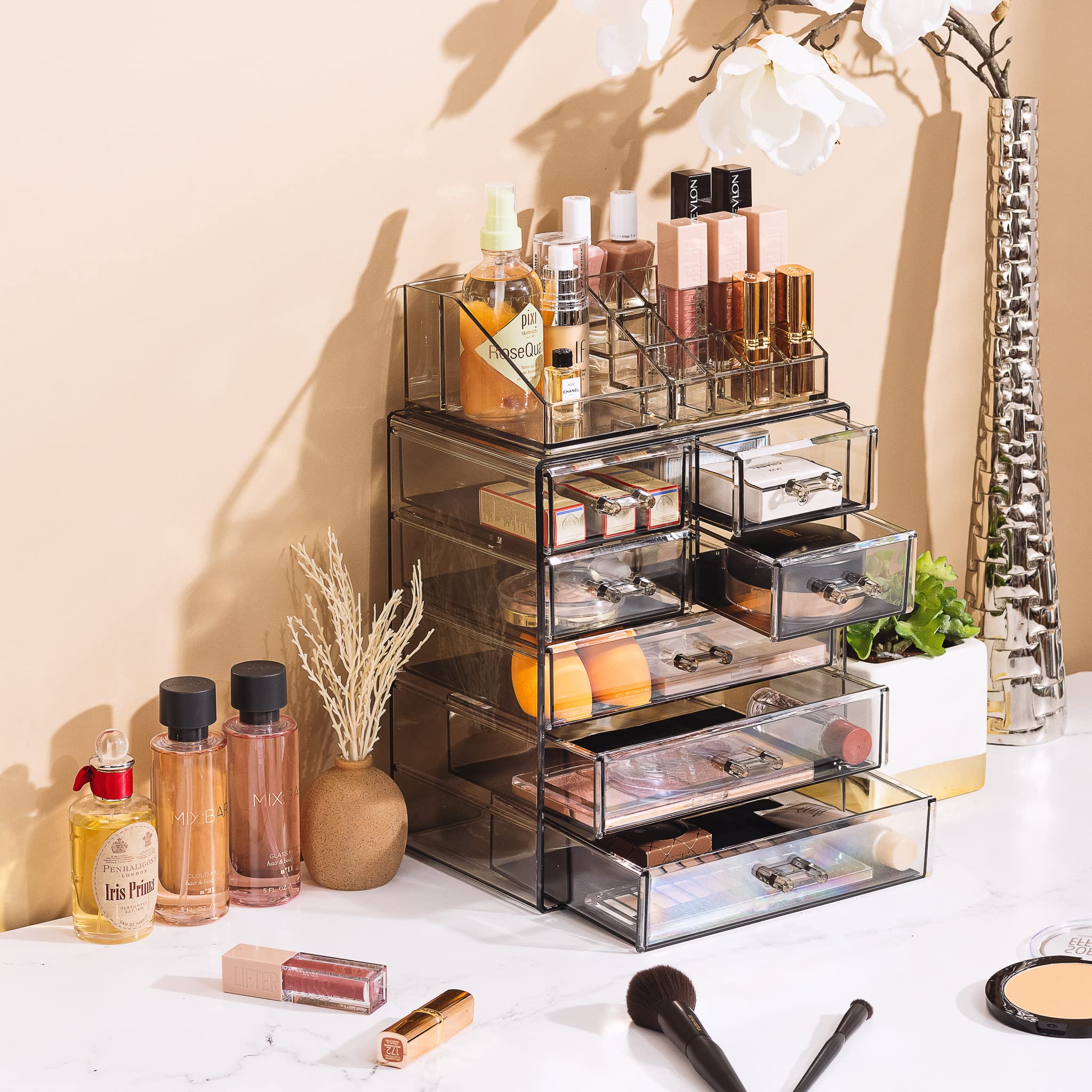 Sorbus black-tint acrylic close-up highlights modern, durable vanity storage.