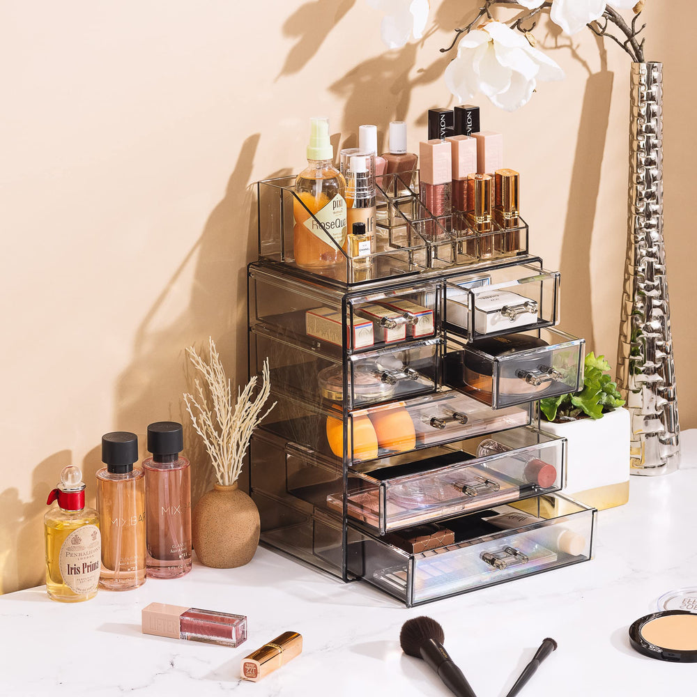 Sorbus black-tint acrylic close-up highlights modern, durable vanity storage.