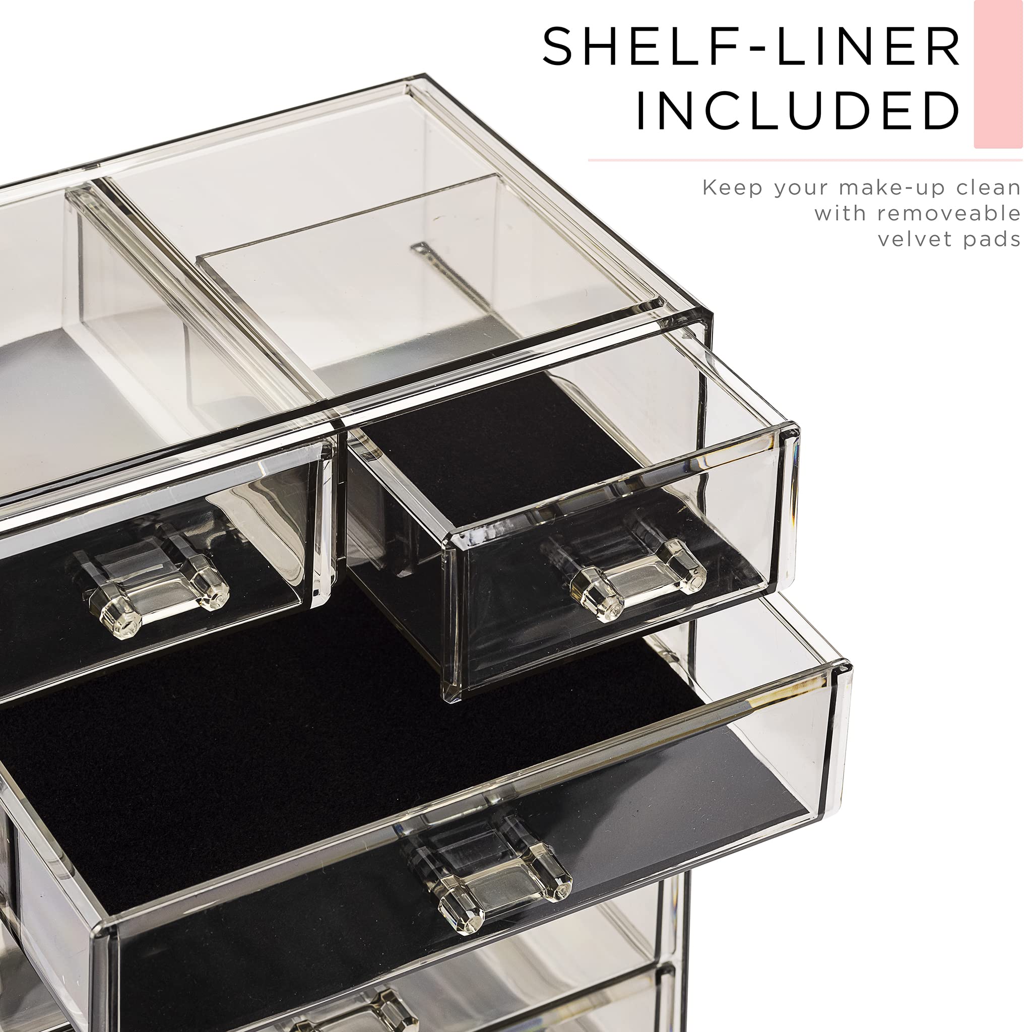Sorbus acrylic makeup organizer black-tinted finish close-up highlights modern storage aesthetics.