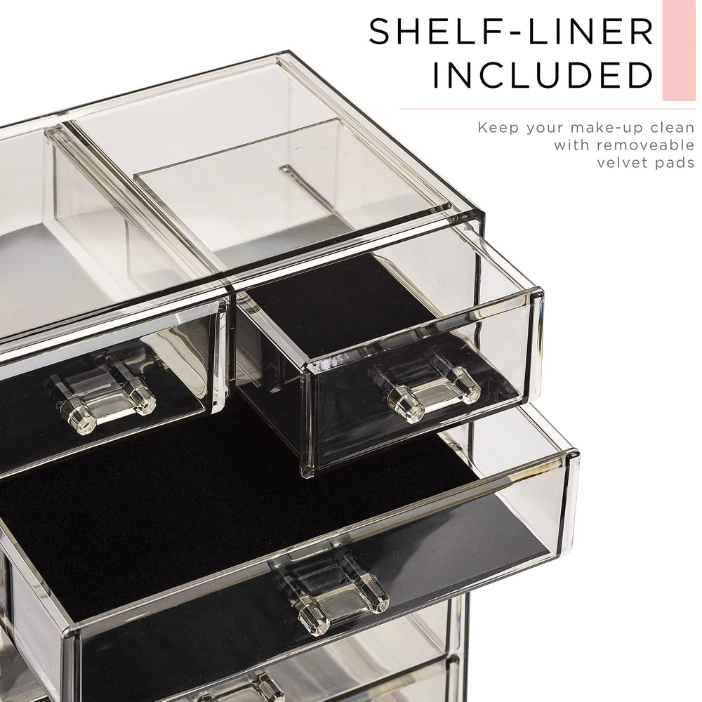 Sorbus acrylic makeup organizer black-tinted finish close-up highlights modern storage aesthetics.