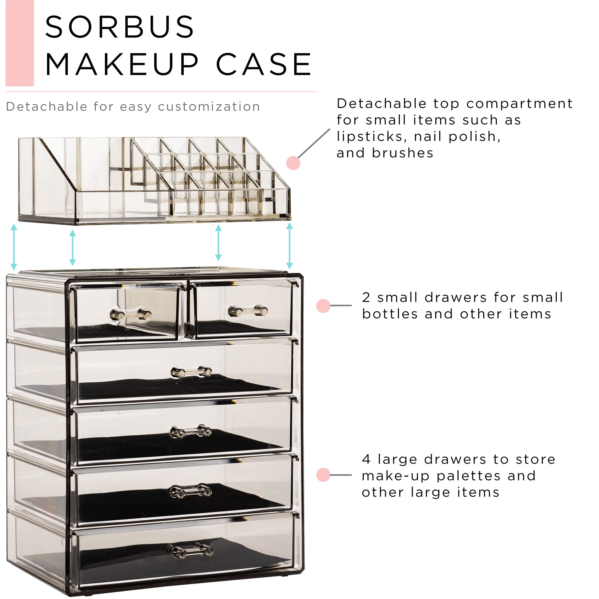 Sorbus acrylic makeup organizer brush and jewelry storage keeps grooming tools organized and secure.