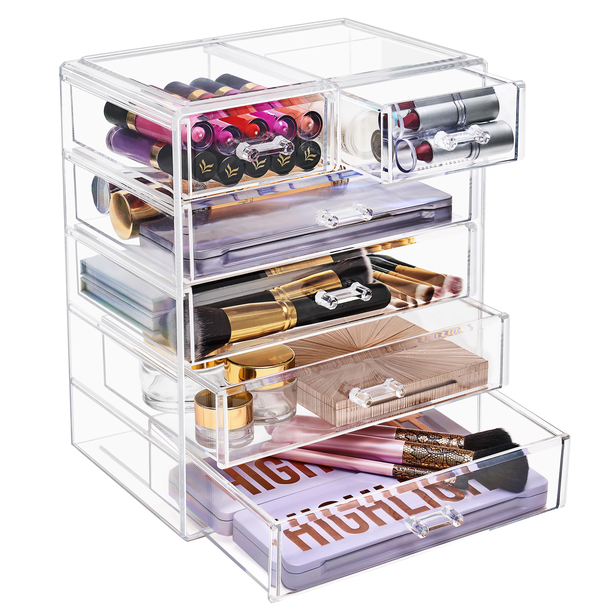 Sorbus acrylic makeup organizer brushes and lipsticks neatly arranged emphasize easy-access beauty moments.