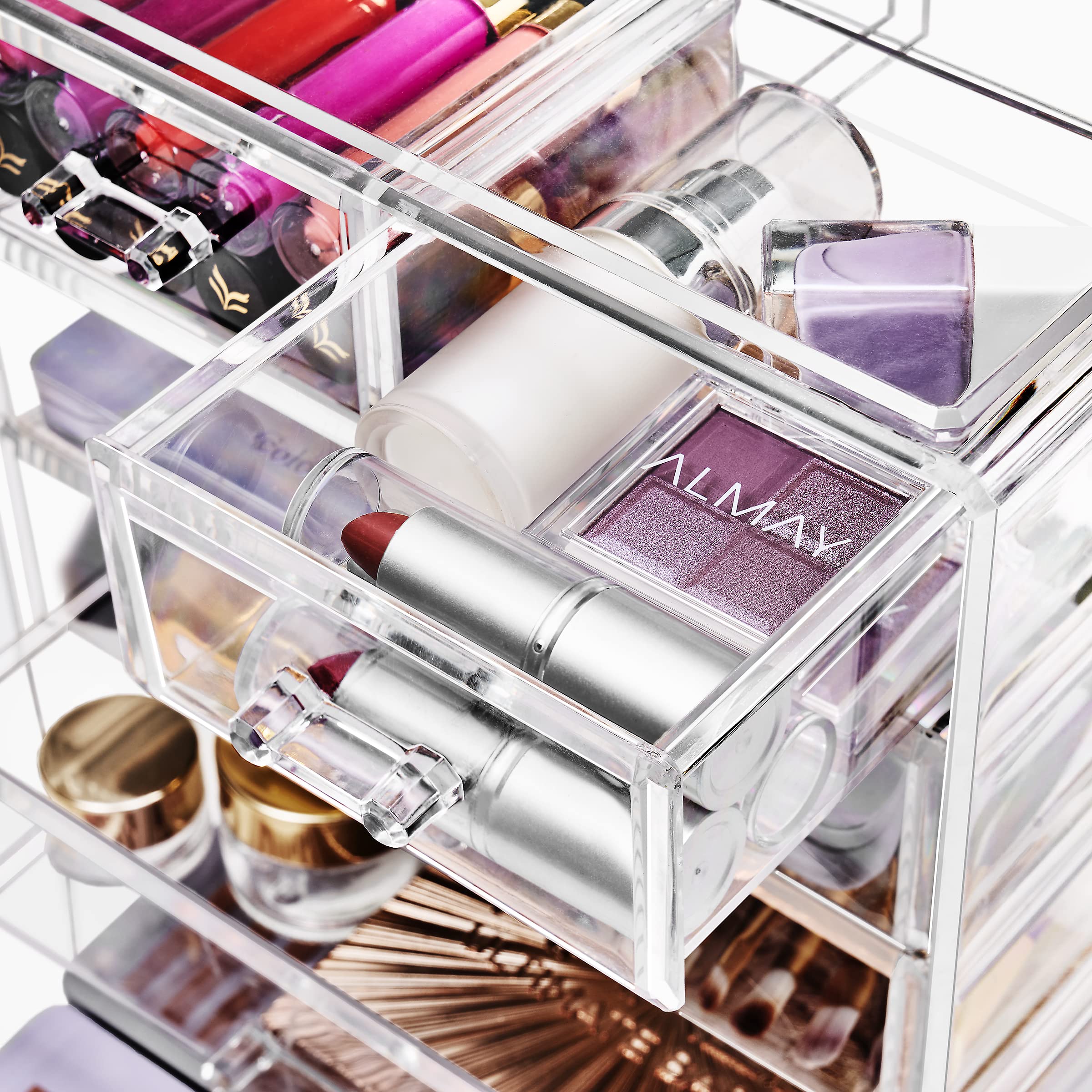 Sorbus acrylic makeup organizer clear-design close-up highlights transparent shelves for quick cosmetics visibility.