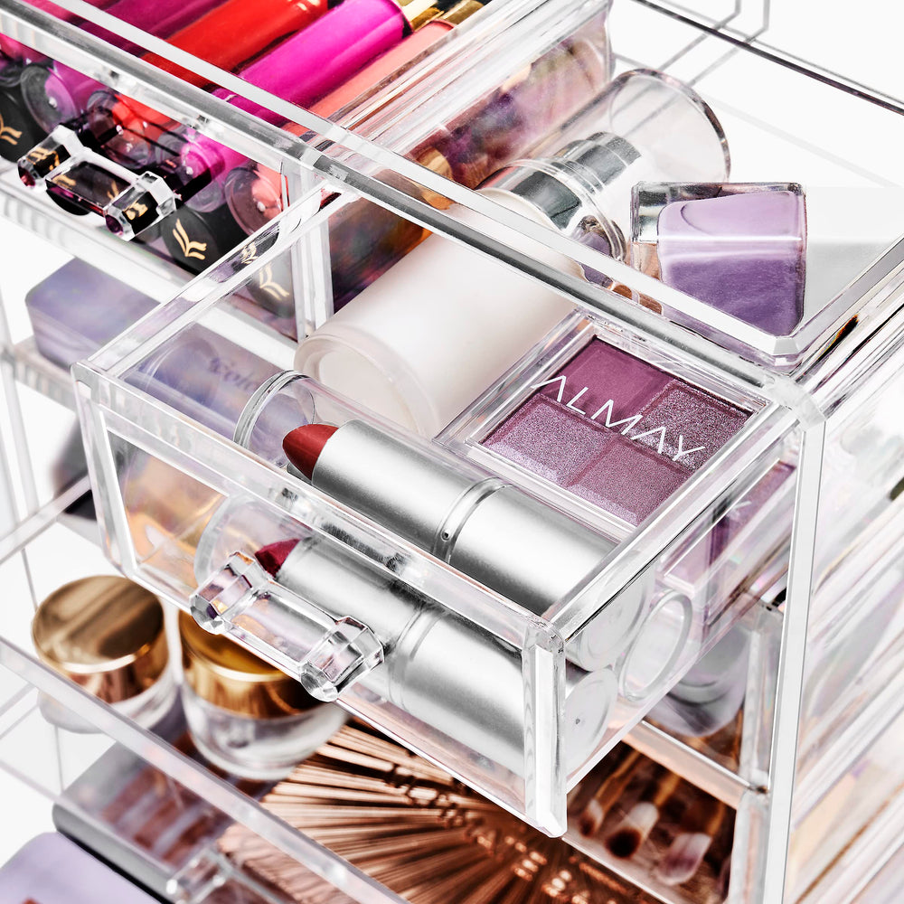 Sorbus acrylic makeup organizer clear-design close-up highlights transparent shelves for quick cosmetics visibility.
