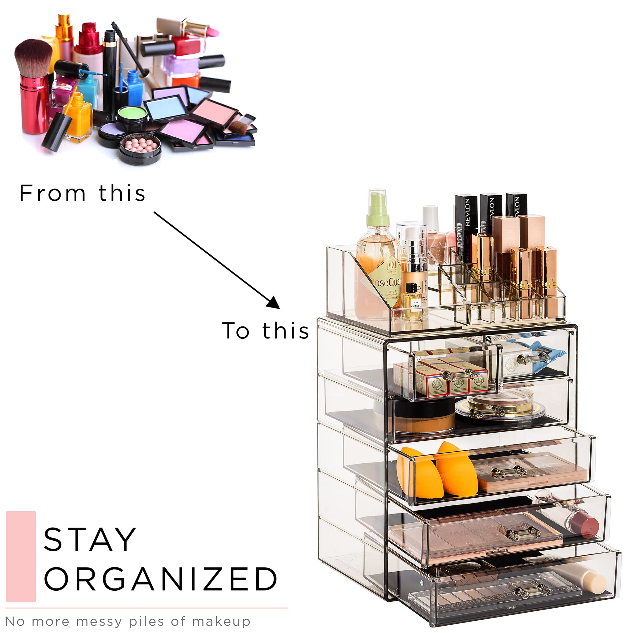 Sorbus acrylic makeup organizer desk setup view shows compact, space-saving design.