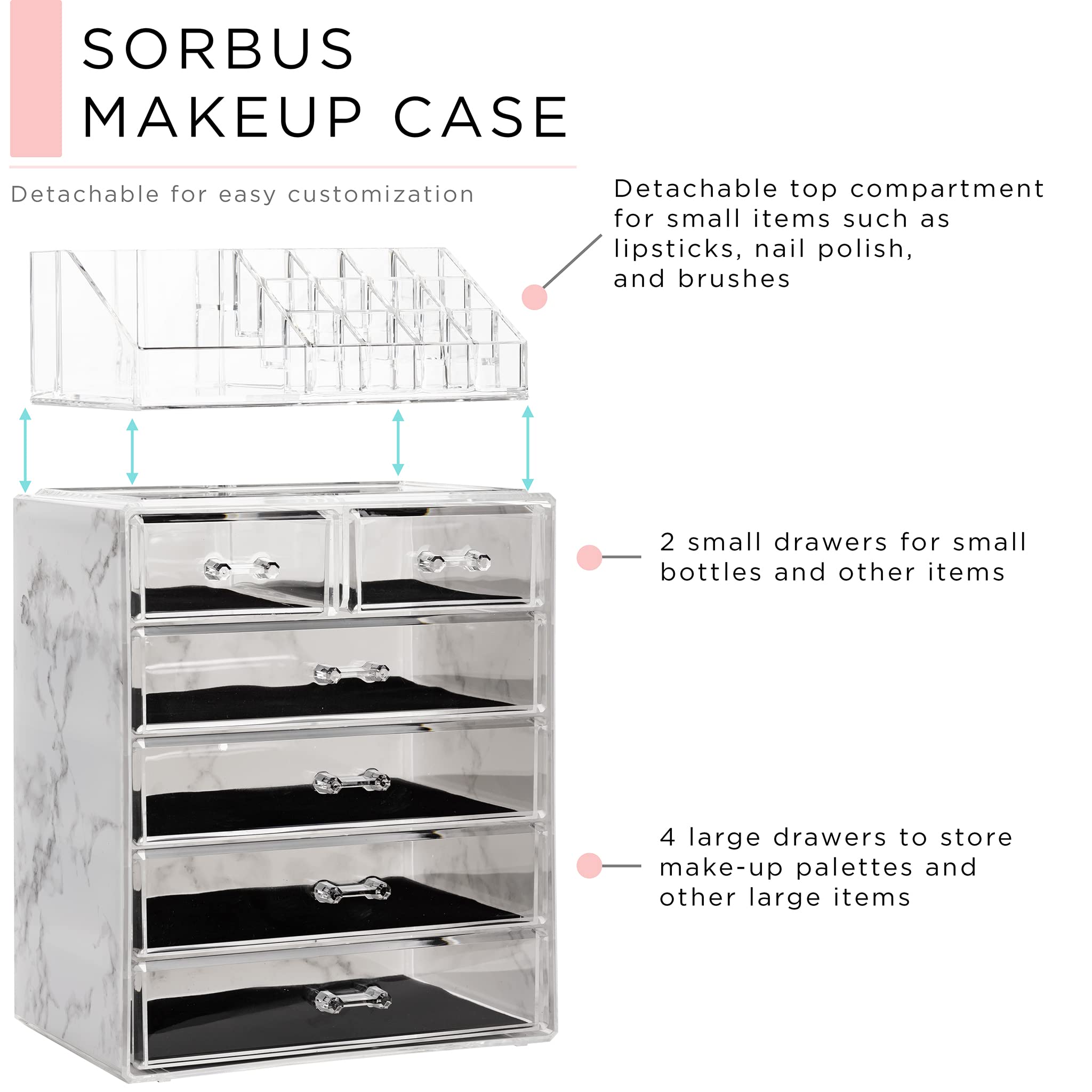 Sorbus acrylic makeup organizer marble finish—adds style while showing cosmetics clearly.