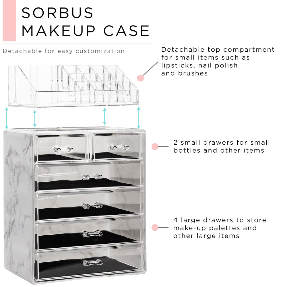 Sorbus acrylic makeup organizer marble finish—adds style while showing cosmetics clearly.