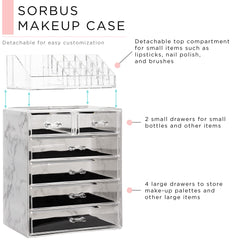 Sorbus acrylic makeup organizer marble finish—adds style while showing cosmetics clearly.