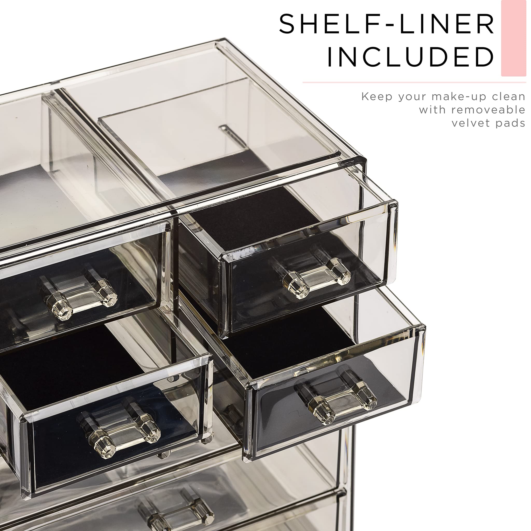 Sorbus makeup organizer on a tidy vanity illustrates compact, spacious design.