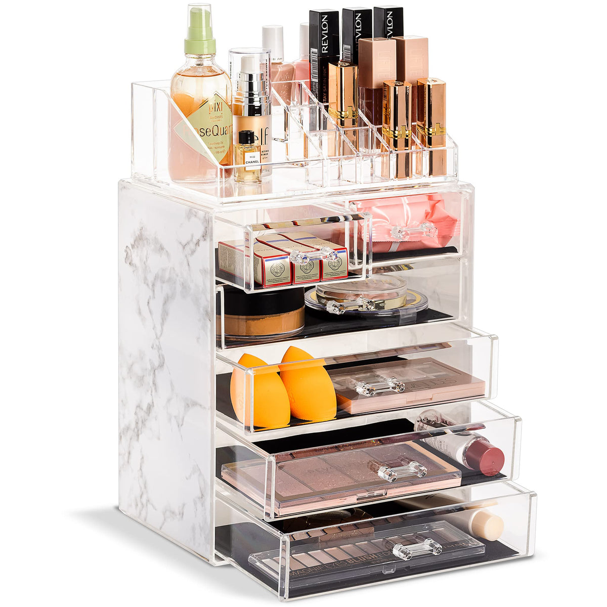 Sorbus acrylic makeup organizer set top compartment—quick access for daily tools.