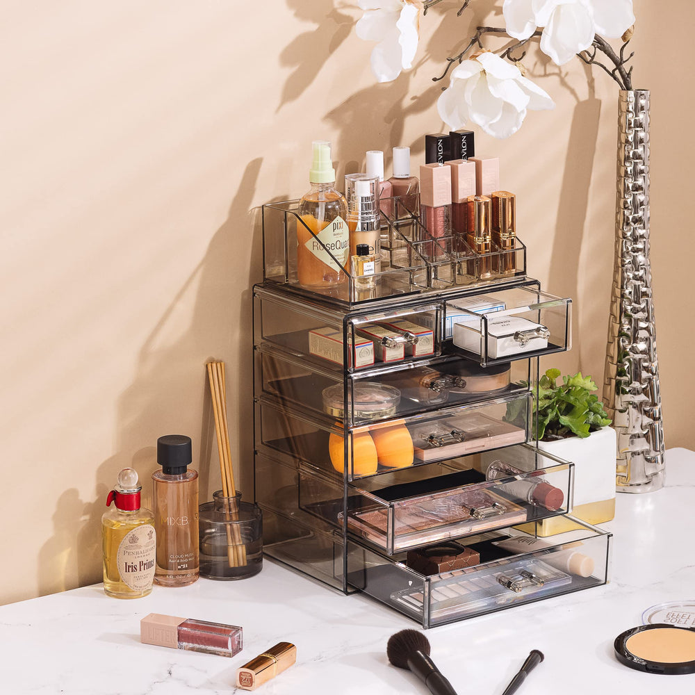 Sorbus acrylic makeup organizer shelf liner protects cosmetics from scratches during daily use.