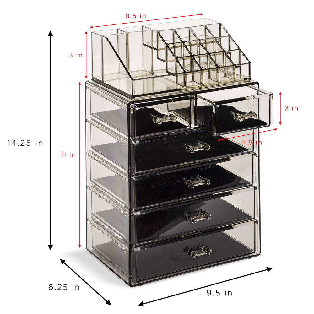 Sorbus acrylic makeup organizer small side-by-side compartments separate eye shadows and liners.