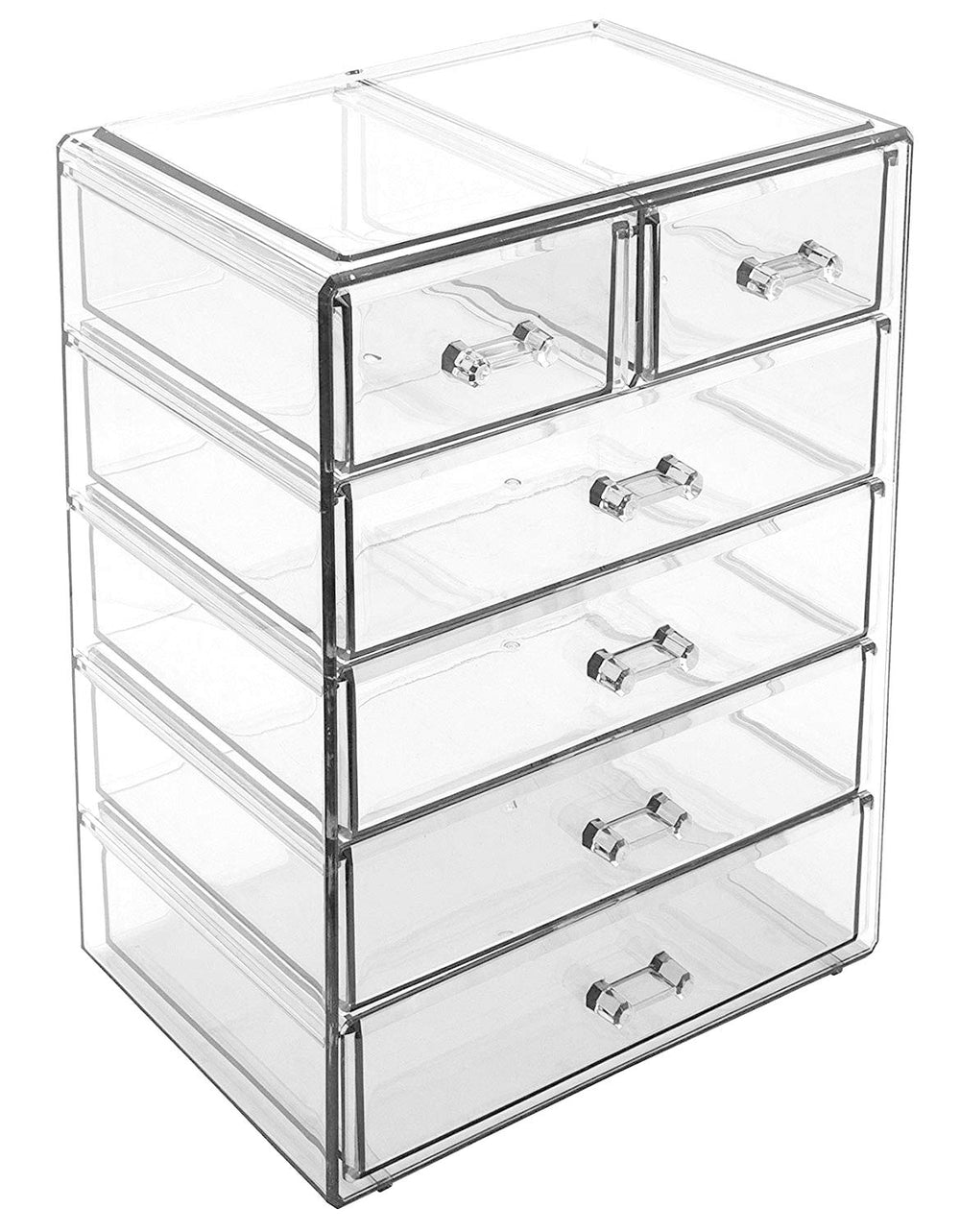 Sorbus acrylic makeup organizer tidied jewelry display highlights organized accessories within reach.