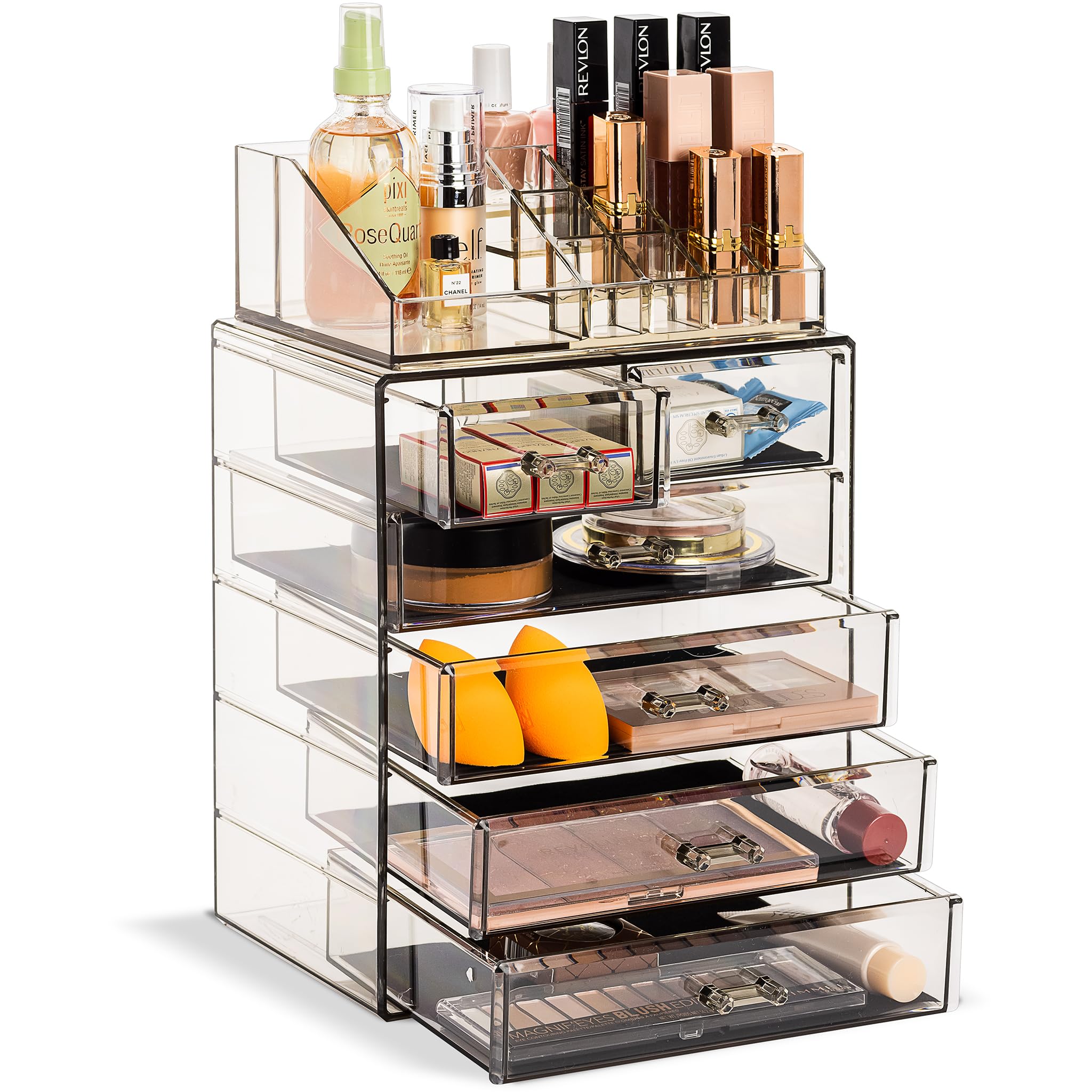Sorbus acrylic makeup organizer top compartment for easy access to brushes and lipsticks.