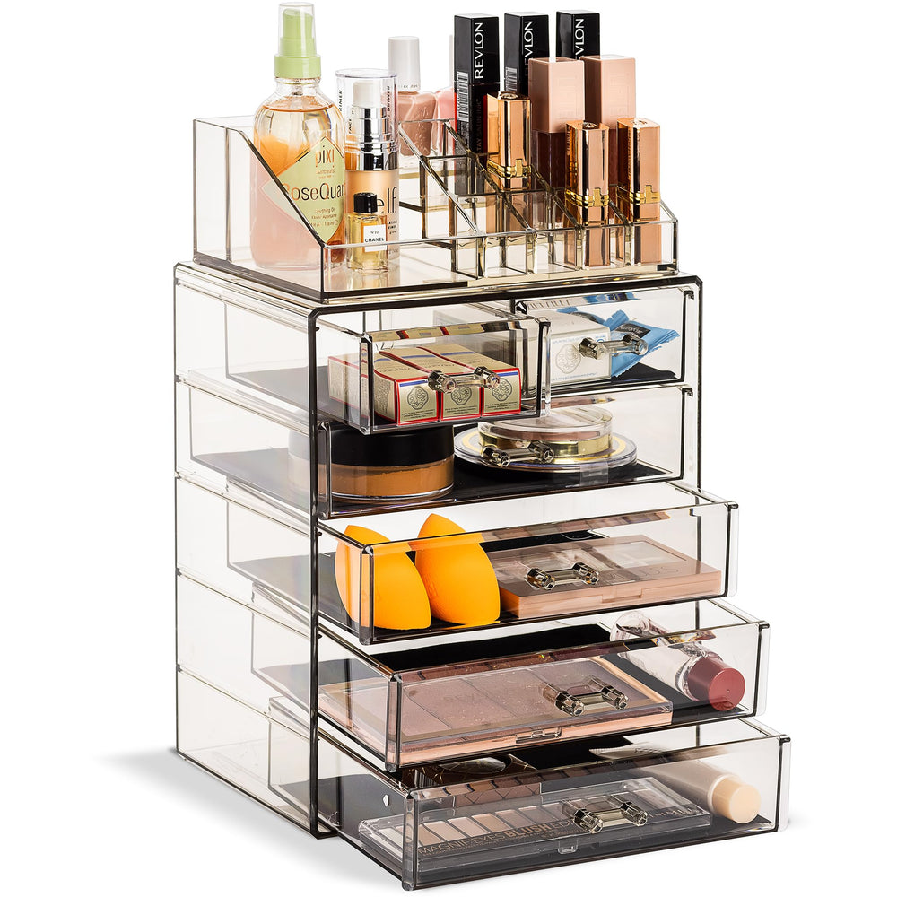 Sorbus acrylic makeup organizer top compartment for easy access to brushes and lipsticks.
