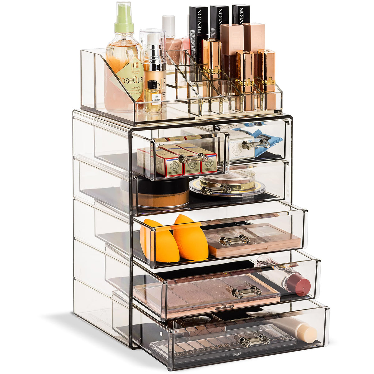Sorbus acrylic makeup organizer top compartment for easy access to brushes and lipsticks.