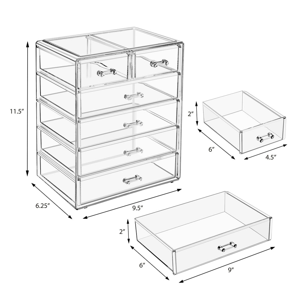 Sorbus acrylic makeup organizer wide-drawers close-up shows ample brush and lipstick storage.