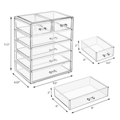 Sorbus acrylic makeup organizer wide-drawers close-up shows ample brush and lipstick storage.