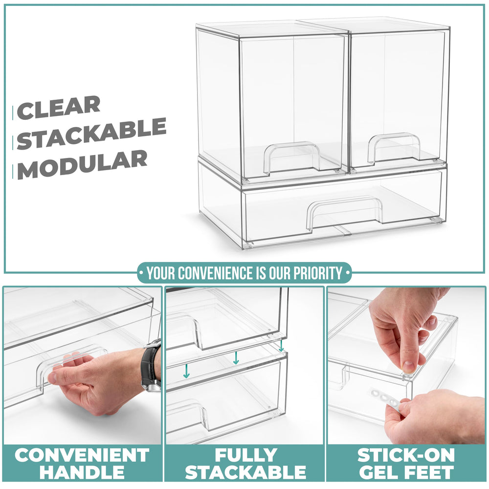 Sorbus acrylic storage 3-pack bathroom counter organization with neatly arranged items.