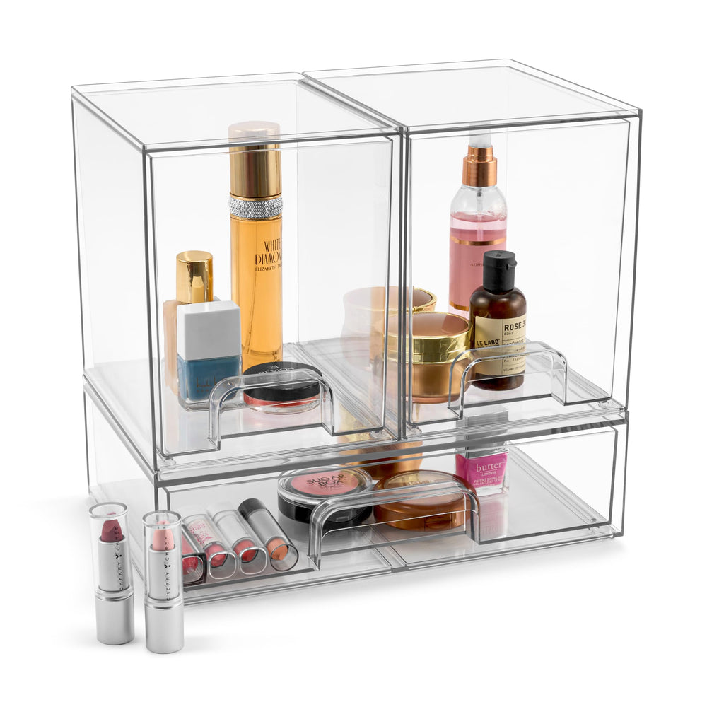 Sorbus acrylic storage 3-pack clear-drawer closeup emphasizes durability and BPA-free design.