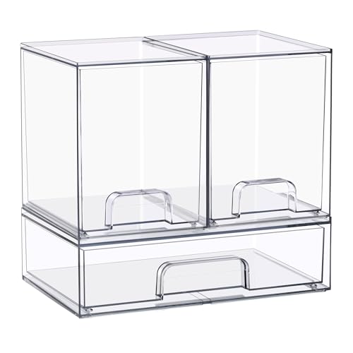 Sorbus acrylic storage 3-pack wide-tall assembly demonstrates space-saving vanity organization.