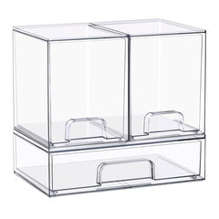 Sorbus acrylic storage 3-pack wide-tall assembly demonstrates space-saving vanity organization.
