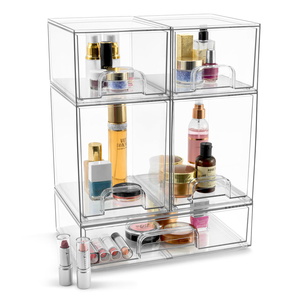 Sorbus acrylic storage containers bathroom setup showing organized vanity