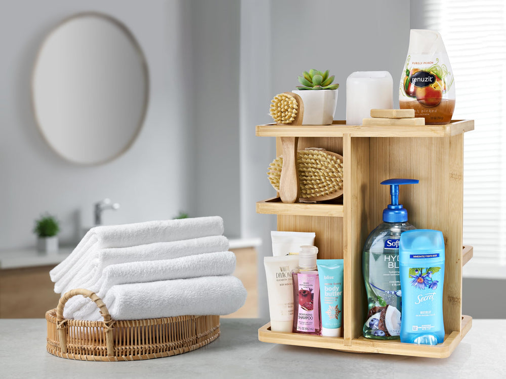 Sorbus bamboo counter organizer on the bathroom counter reducing clutter.