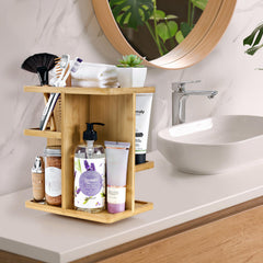 Sorbus bamboo makeup organizer showing eight shelves for tidy vanity storage.