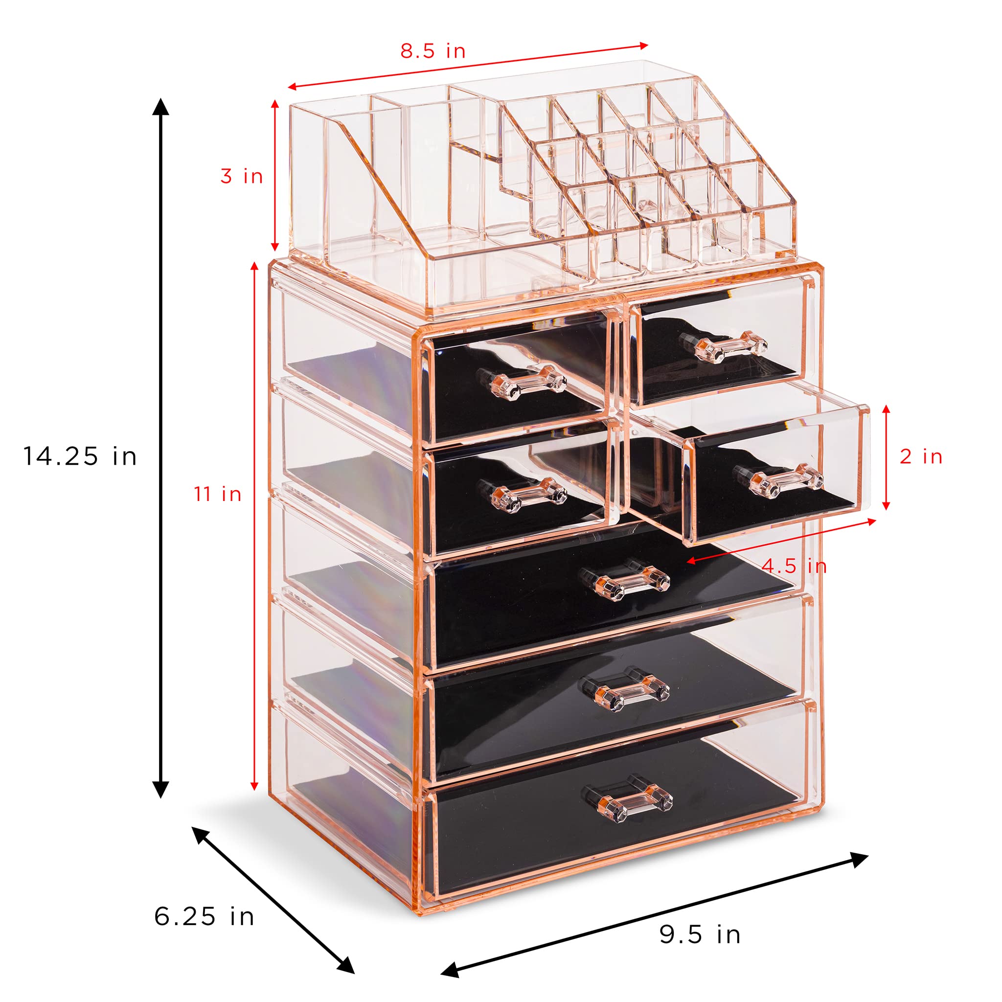 Sorbus clear cosmetic makeup organizer drawer close-up emphasizes sturdy easy-grip drawers for cosmetics