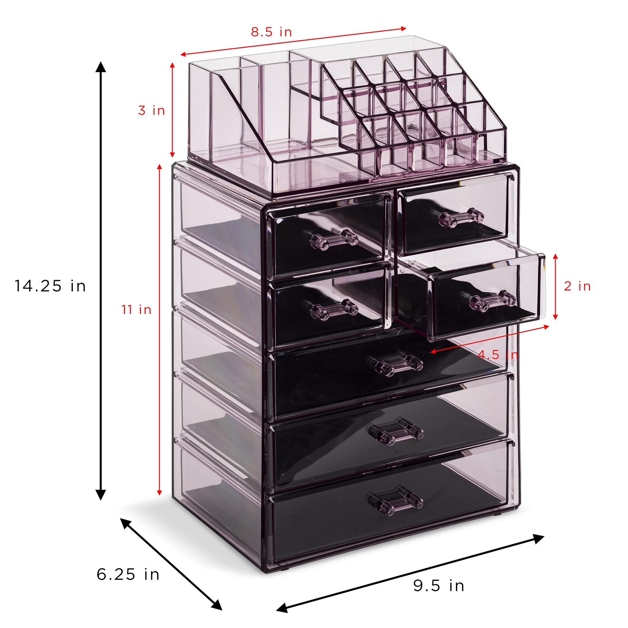 Sorbus clear cosmetic makeup organizer drawer detail highlights smooth slides and sturdy grip handles