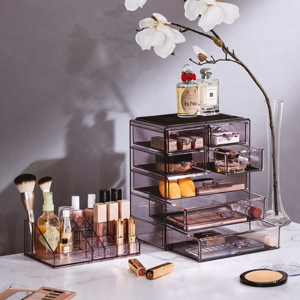 Sorbus clear cosmetic makeup organizer with drawers open, demonstrating spacious storage for cosmetics