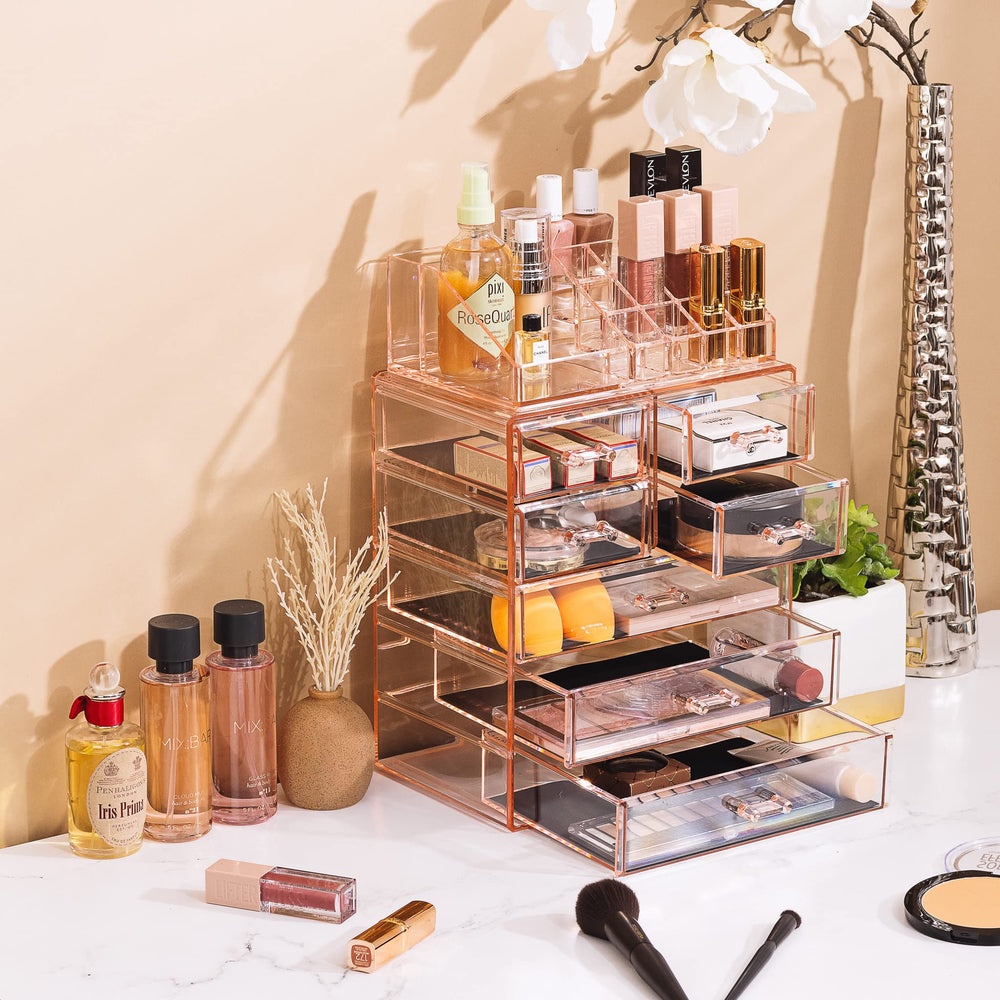 Sorbus clear cosmetic makeup organizer removable top slots showcase upright item protection and visibility