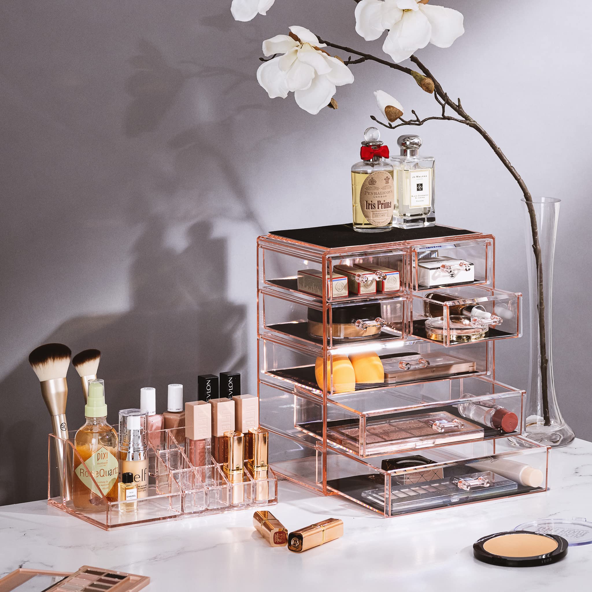 Sorbus clear cosmetic makeup organizer top drawer open highlights spacious compartments for brushes and tubes