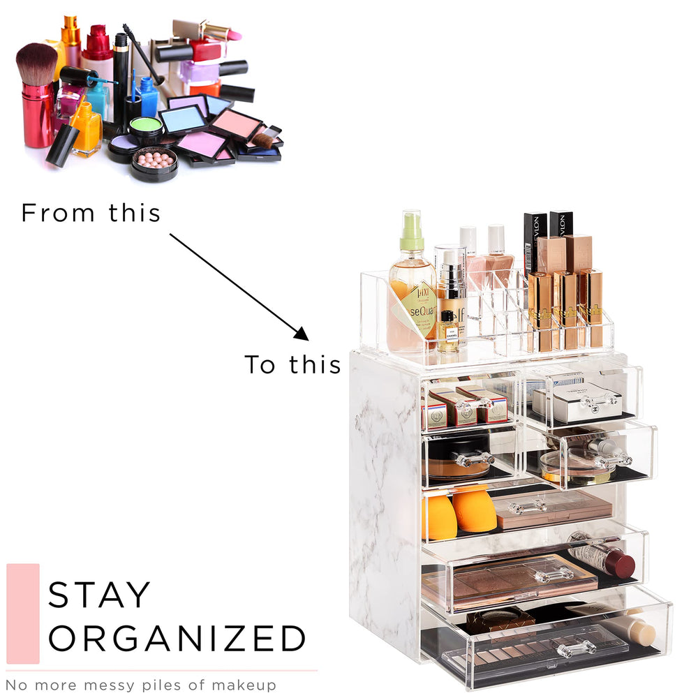 Sorbus clear makeup organizer all drawers open showcasing large and small storage