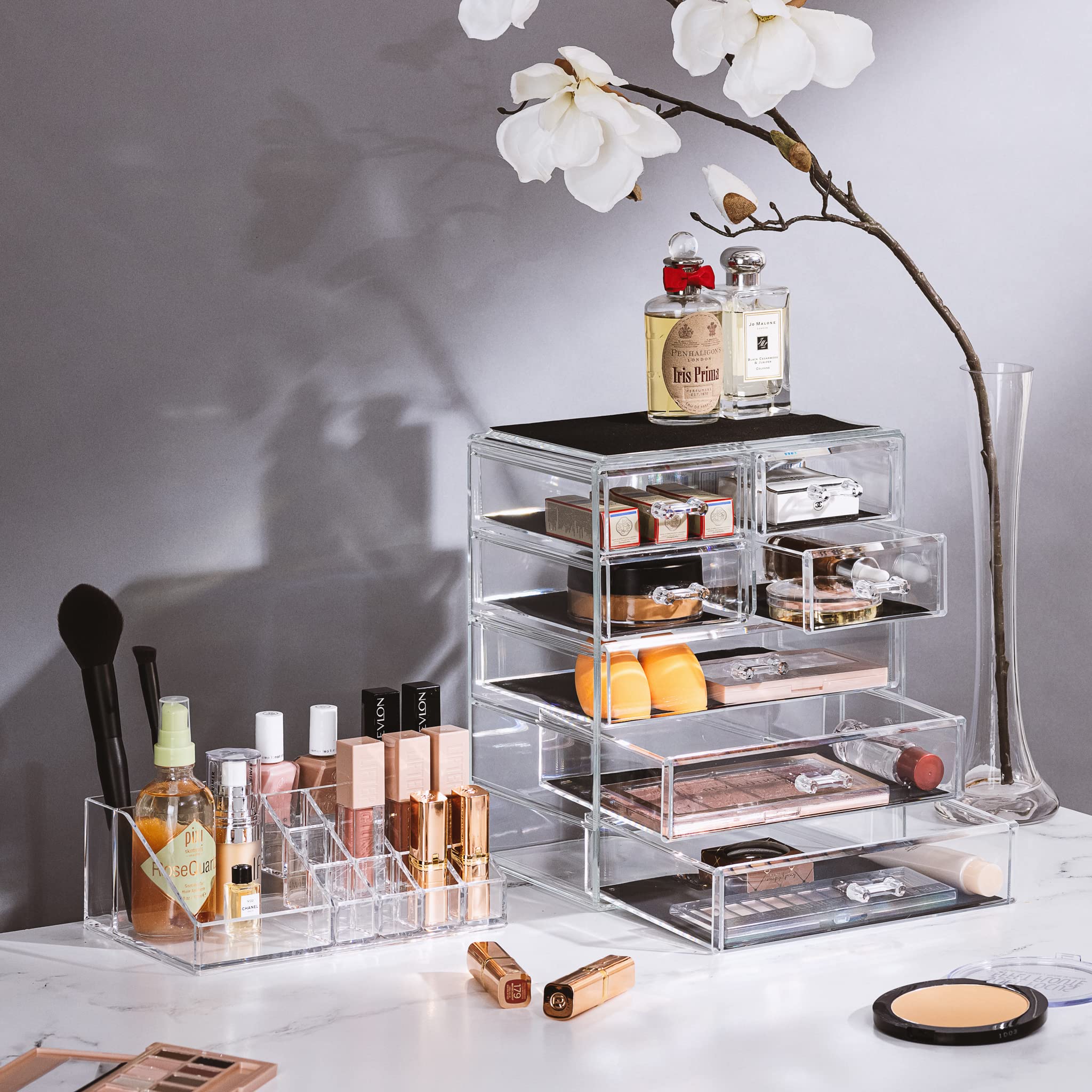 Sorbus clear makeup organizer close-up showing transparent design for quick item locate