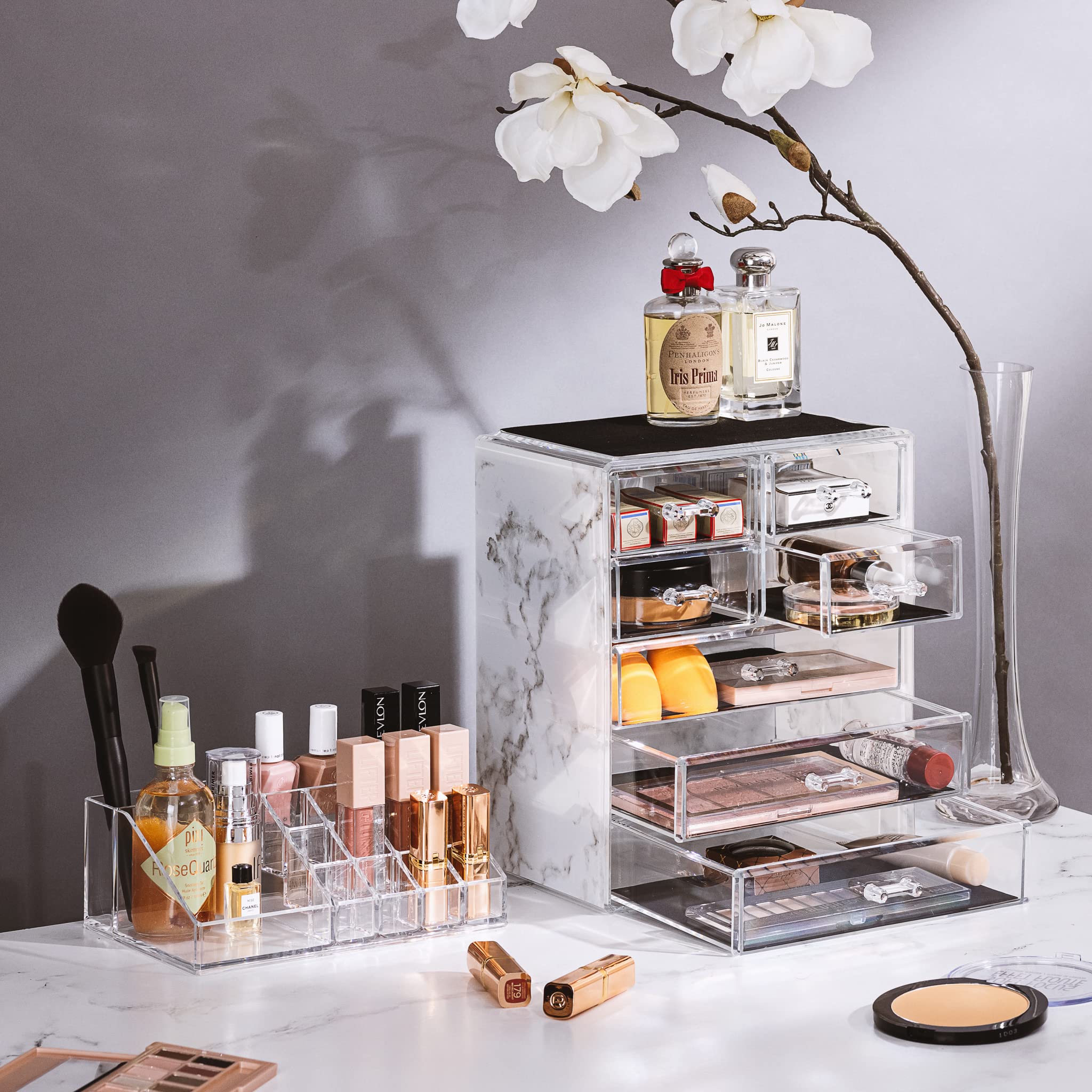 Sorbus clear makeup organizer drawers close-up showing smooth sliding