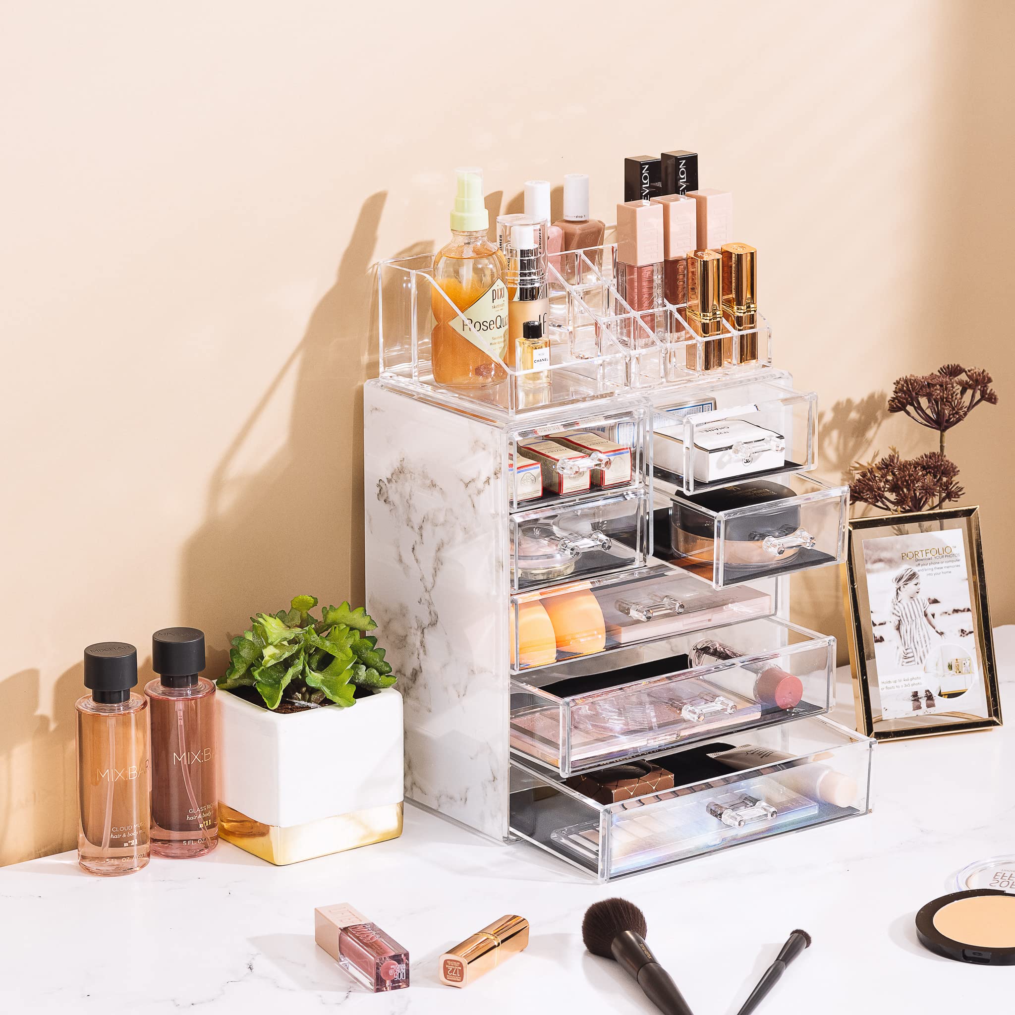 Sorbus clear makeup organizer on dresser display in a tidy vanity