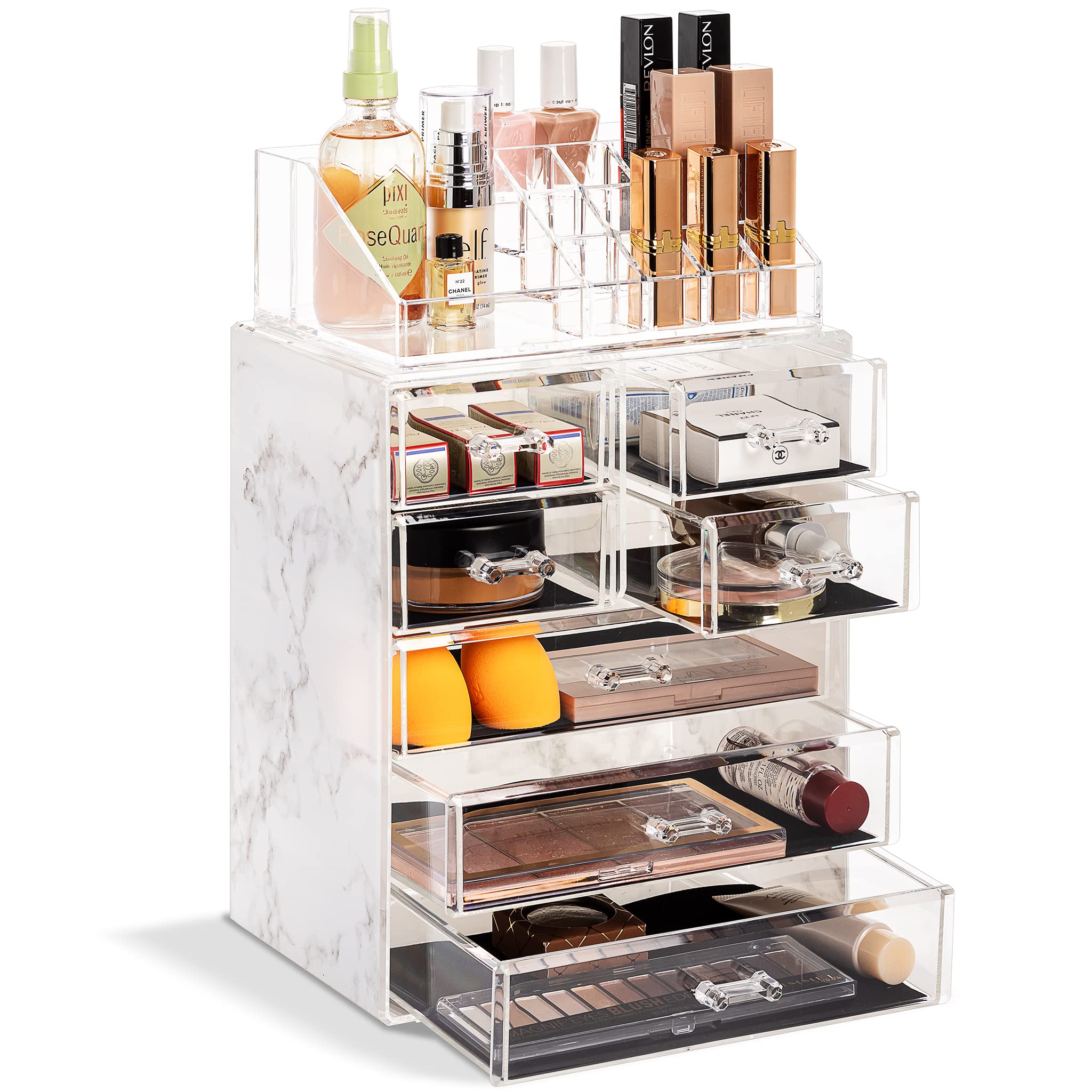 Sorbus clear makeup organizer front view with transparent drawers for quick access