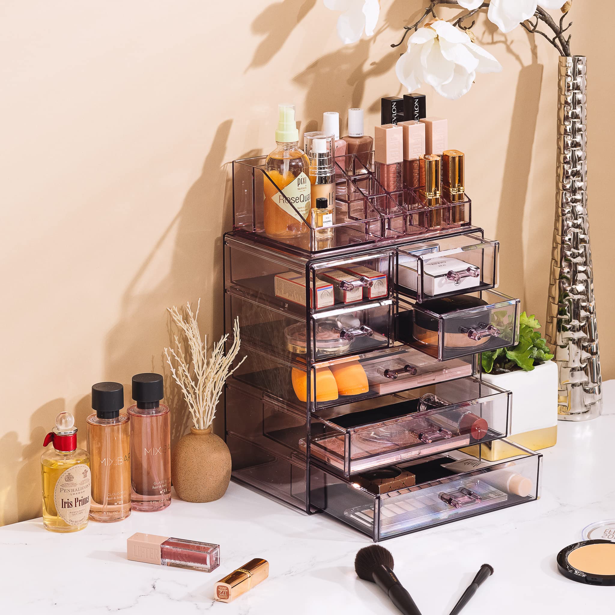 Sorbus clear makeup organizer on a dresser showing stylish display and clutter-free vanity