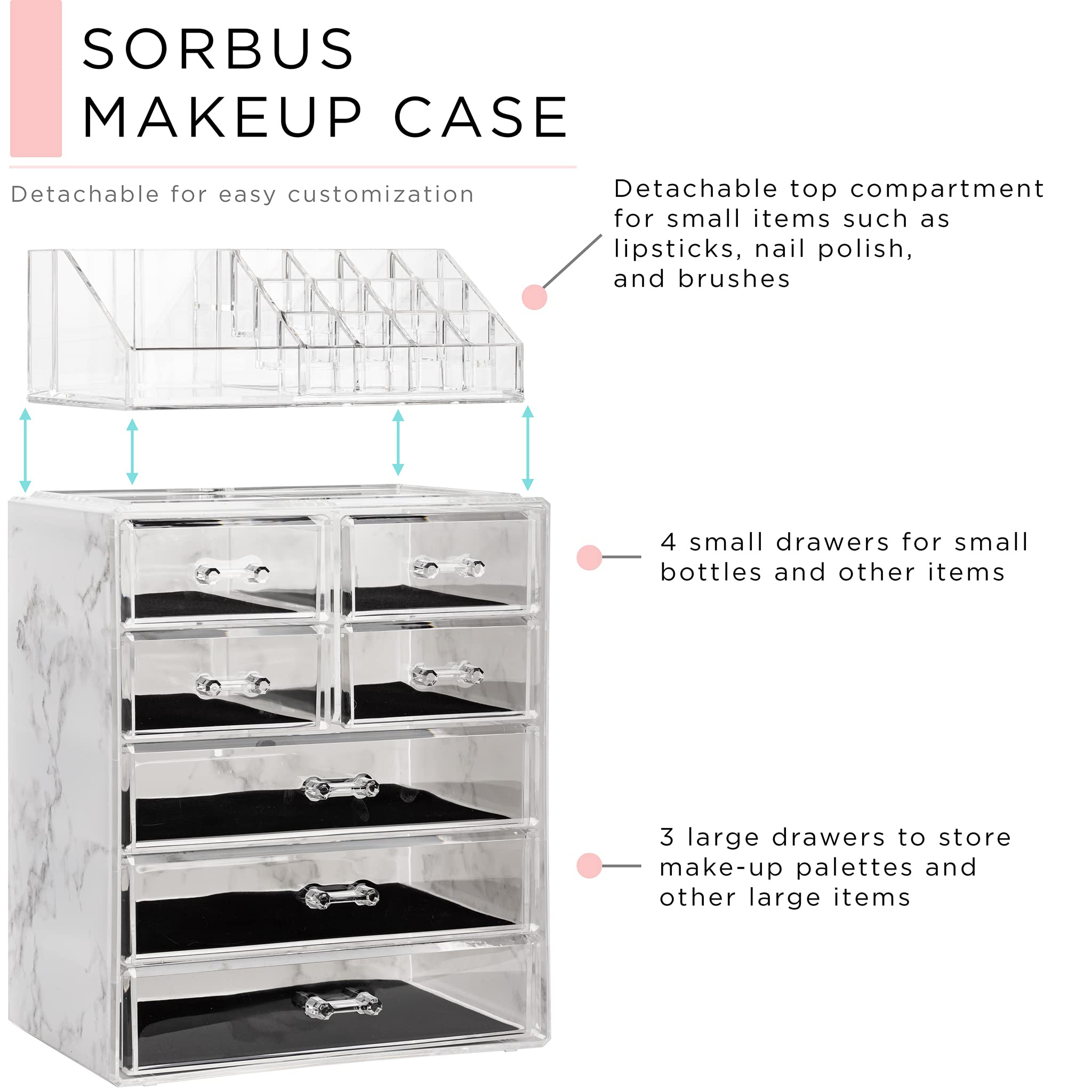 Sorbus marble print makeup organizer side angle stylish vanity complement